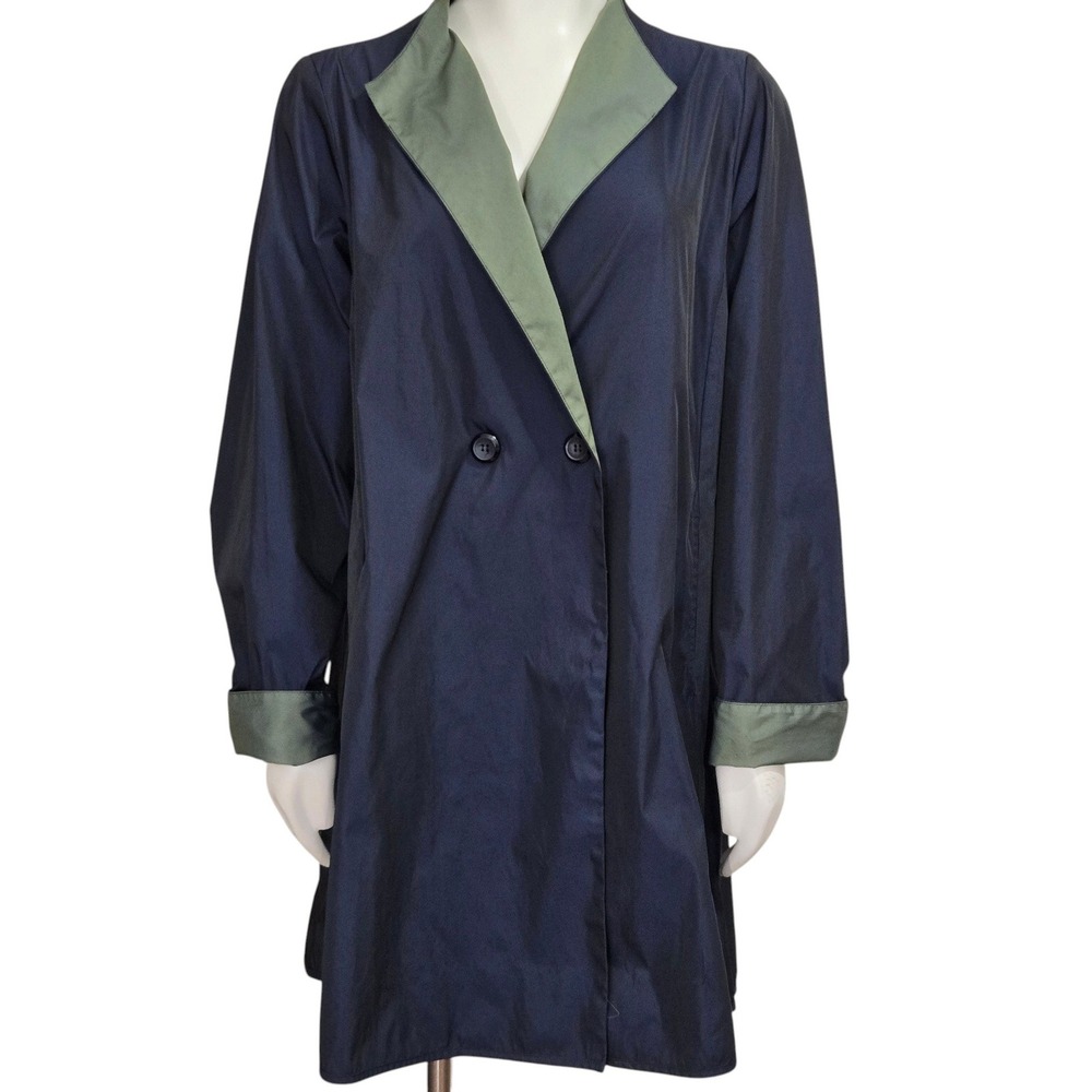 Sun Kim Coat Large Navy Blue contrast Collar Swing Lagenlook Travel Longer rain